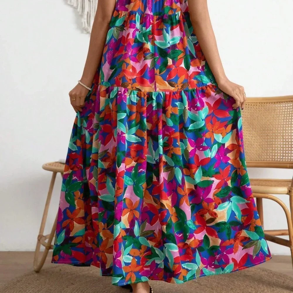 Multicolor Boho Womens Allover Floral Print Split Thigh Cami Dress - Picture 3 of 5